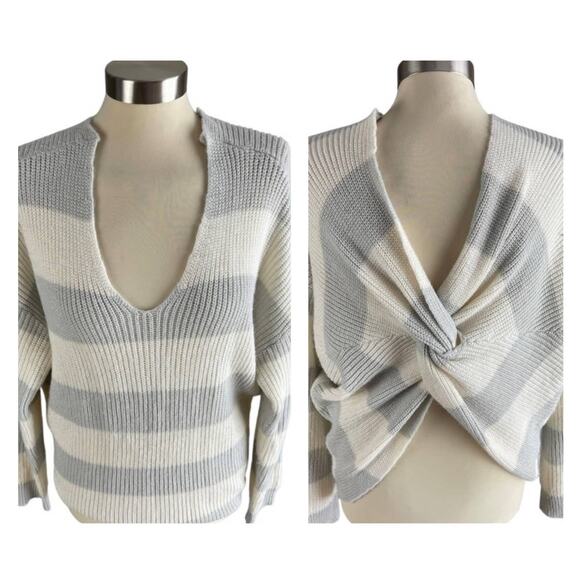 Jun & Ivy Open Back Knot V Neck Sweater Gray Stripe Small - Picture 1 of 9